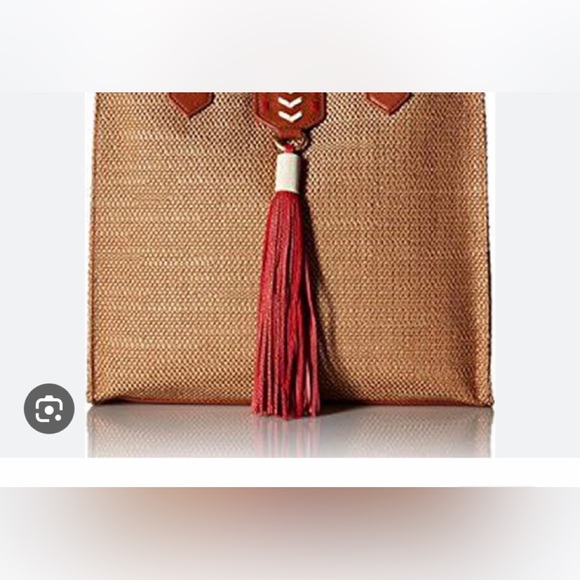 Badgley Mischka Large Straw & Leather Tote Tan / Red Trim - Picture 3 of 3